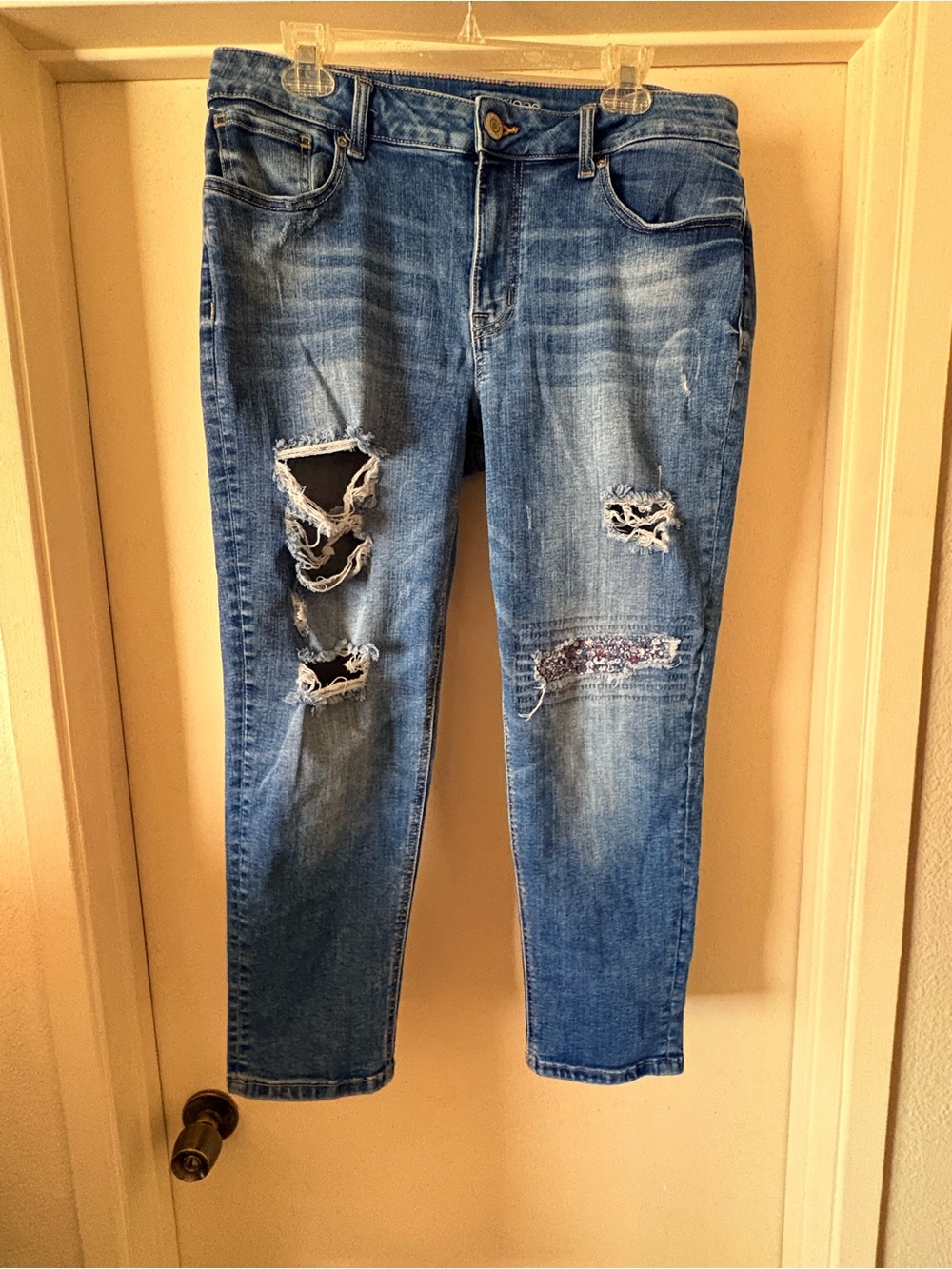 maurices Mid-Rise Distressed Sequin Patch Slim Boyfriend Jeans